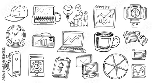 Line art sketch tech gadget and business icon set. Hand drawn computer clock symbol. Sketch pen stroke vector graphic object illustration