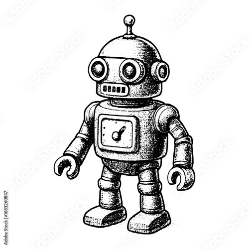 Vintage Black and White Retro Robot Illustration for Sci-Fi Design