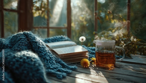 Cozy reading nook with tea in sunlit greenhouse