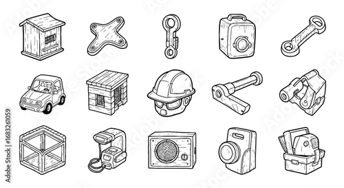 Hand-drawn sketch doodle machine, tool, camera, car and building set. Sketch sketch technology, housing line art icon. Vector illustration