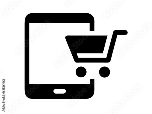 Illustration of a mobile phone with a shopping cart icon overlayed in black and white theme design style