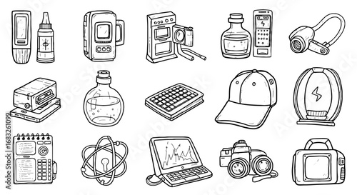 Science tech device sketch doodle icon set. Lab equipment, laptop, camera and atomic science tools sketch. Line vector illustration.