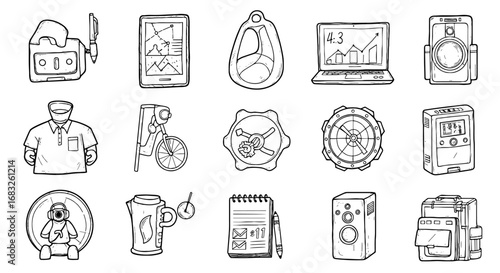 Sketch line device, object, gadget icon set. Hand drawn sketch device, robot, bike, computer element. Line shape tool, equipment, appliance, accessory icon.