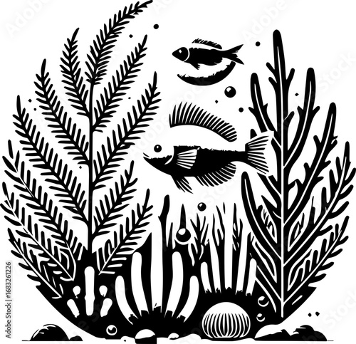 A black and white illustration of two fish swimming among seaweed and bubbles in an aquatic environment
