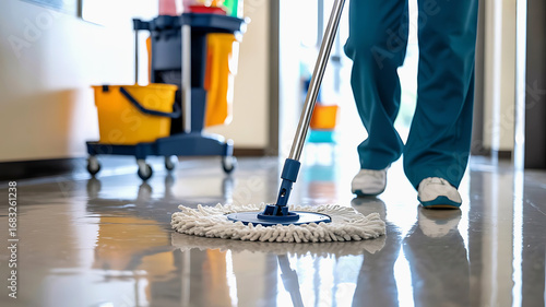 Professional cleaner in uniform mops a shiny polished floor in a hallway with cleaning supplies cart in background