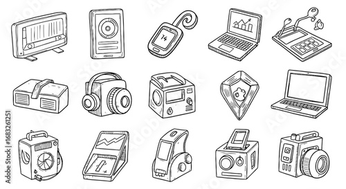 Sketch tech icons line art set. Hand drawn retro gadget device, electronic shape. Computer laptop phone sketch style line drawing. Vector illustration
