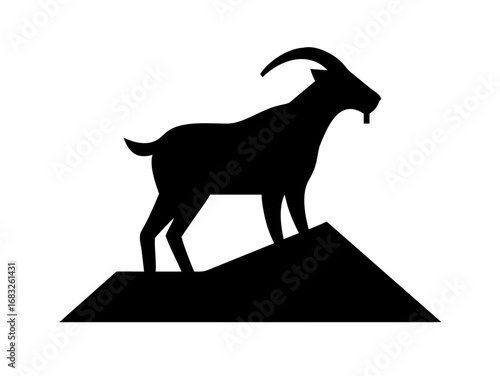 Silhouette of a goat standing atop a geometric mountain peak in a stark black and white illustration