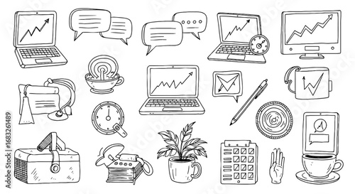 Sketch line office doodle icon set. Hand drawn sketch doodle laptop computer chart speech data shape. Business desktop object symbol. Vector illustration