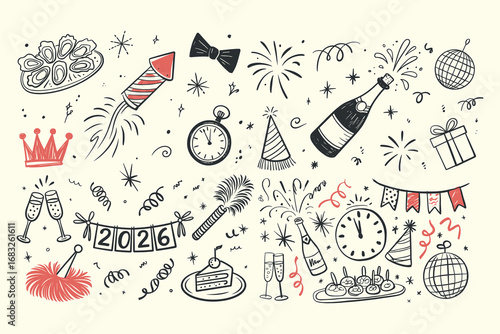 A Festive Illustration Celebrating New Year's Eve with Party Elements Like Balloons, Fireworks, Champagne, and Iconic Symbols of Celebration for 2026