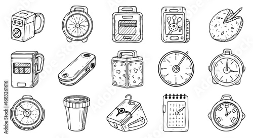 Collection of sketched objects: clocks, gadgets, and containers. Sketching, drawings, objects, clocks, containers, gadgets, drawings, hand-drawn, design elements.