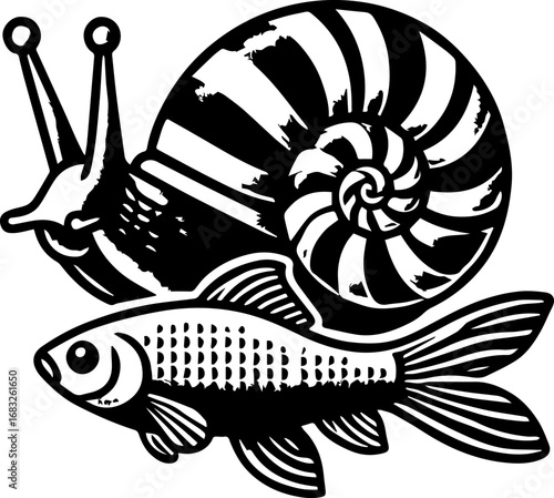 Illustration of a snail with antennae and a striped shell riding on the back of a fish swimming forward