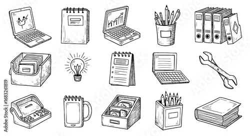 Sketch hand drawn office supplies set. Line drawn computer, pen, book, folder, tool. Sketch doodle element. Vector illustration