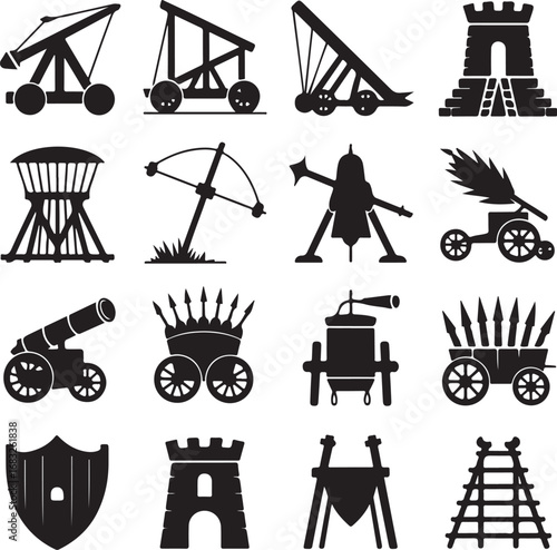 Medieval Warfare Symbols Including Catapults Cannons and Defensive Structures Keywords: medieval