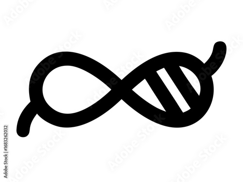 Stylized black dna strand with infinity loop shape and partial ladder structure on a white background