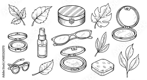 Line sketch makeup leaves glasses vector. Hand drawn pencil cosmetics leaf graphic eyewear. Nature leaf doodle eyeliner brush graphic icon
