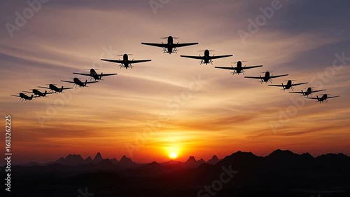 Formation of Multiple Military Fighter Jets Flying in V-Shape Pattern During Sunset Over Mountain Landscape for Aviation, Defense, and Air Force Industry Promotional Content
