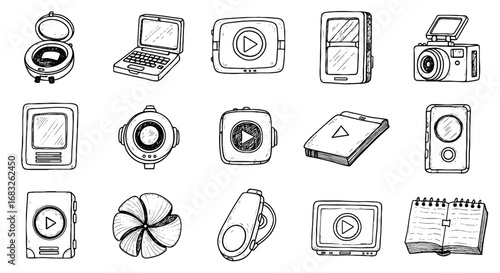 Hand-drawn sketch electronics icon set. Laptop, camera, notepad device illustration. Doodle play element shape. Technology, gadgets, and book vector set.