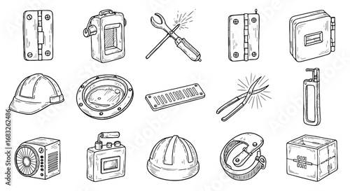 Line sketch tool kit icon set. Hand drawn vector equipment, hardware, and tools for industrial, construction, and metal working. Engineering illustration