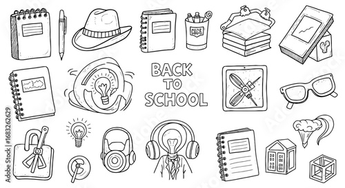 Doodle back to school icon element set. Sketch note, idea, glasses, pencil line art student shape icon. Vector illustration