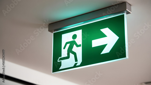 Emergency exit green sign with running man and arrow pointing right for safety and evacuation