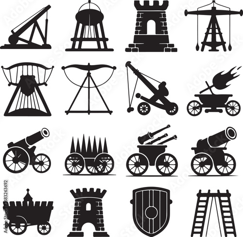Medieval Siege Weapons and Fortification Icons in Silhouette cannon catapult