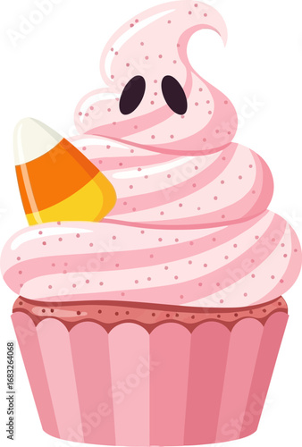 A spooky Halloween cupcake with pink frosting, a ghost-shaped topping holding candy corn, and a light pink wrapper.