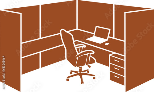 Modern office cubicle with desk chair and laptop illustration
