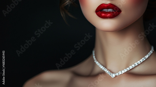 Close up portrait of gorgeous woman with red lipstick and diamond necklace, glamorous high society atmosphere with space for text.