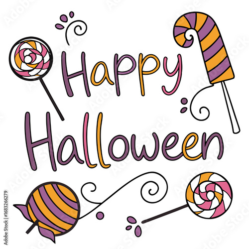 Happy Halloween Lollipop Typography Vector – Sweet Candy Cartoon Style. Perfect for: candy shop ads, kids halloween branding, playful packaging