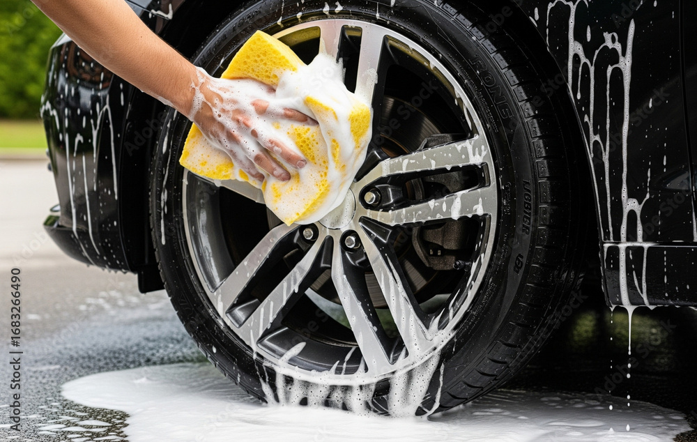 © Alingga - Black car washed manually using yellow sponge filled with soap. © Alingga - Black car washed manually using yellow sponge filled with soap.