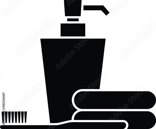 Black silhouette of a soap dispenser toothbrush and folded towels on a white background