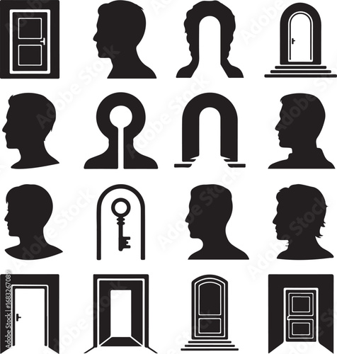 Silhouettes of doors and human profiles representing choices and opportunities head