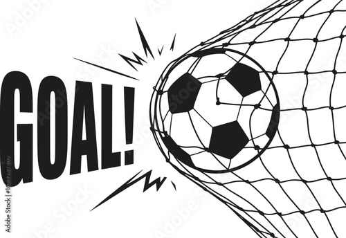 Soccer ball scoring a goal in the net with the word goal