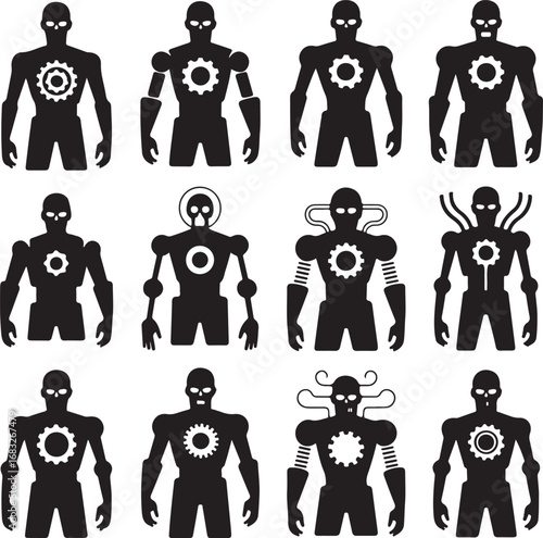 Twelve black silhouette robot figures with gear chest emblems android cyborg