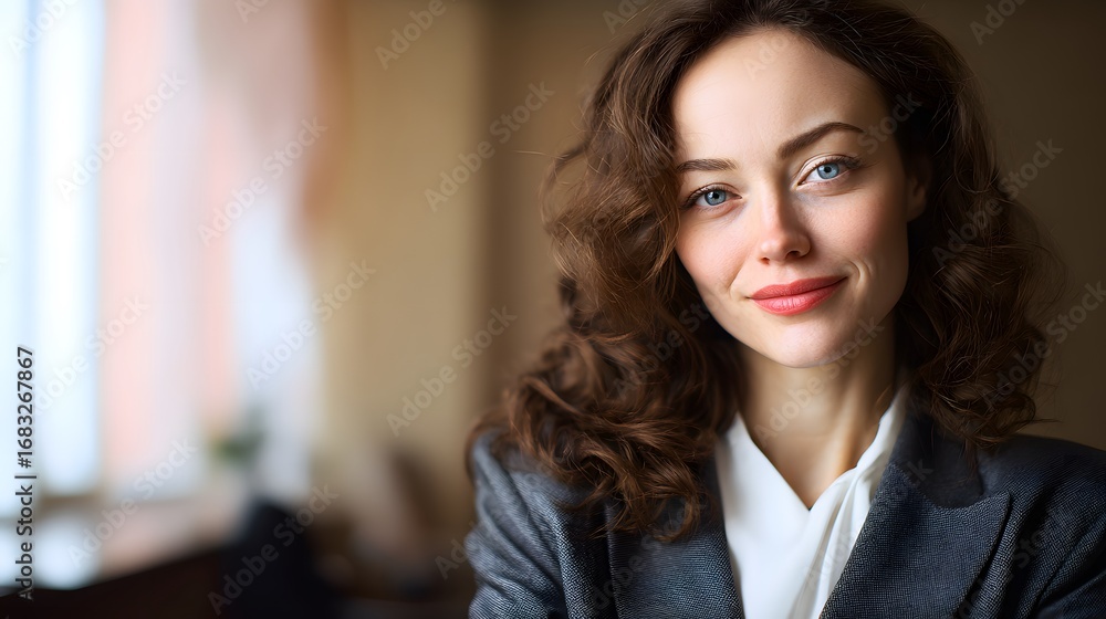 Fototapeta premium Confident businessperson in formal attire with a subtle smile, soft lighting highlighting professional demeanor.