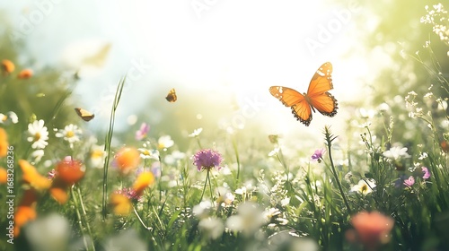 Butterfly Bliss:  A vibrant and dynamic meadow scene, showcasing a flurry of butterflies fluttering amongst wildflowers under a radiant, sunlit sky.