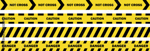 Caution warning barrier tape sign for web site road warning, Black and yellow line. Seamless barrier. Included brushes,	