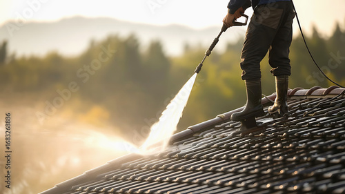 Professional worker cleaning a tiled roof with a high pressure washer on a sunny day with trees in the background