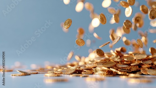 Golden coins cascade onto a surface