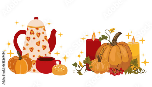 Flat vector autumn illustration: teapot with coffee cup, two pumpkins with green vines, bun, rowan berries and candles.