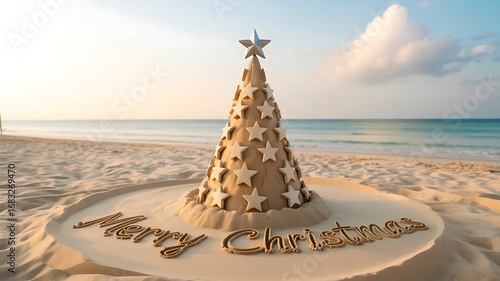 Fototapeta Naklejka Na Ścianę i Meble -  Sand Christmas tree decorated with stars on tropical beach holiday vacation concept
