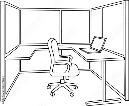 Sketch of an empty modern office cubicle with desk and chair