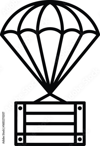 Simple line drawing of a cargo parachute delivering a wooden crate