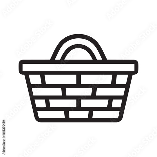 A line drawing of a wicker basket with a handle.