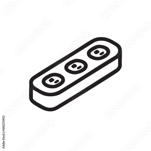 A simple line drawing of a three-outlet power strip.