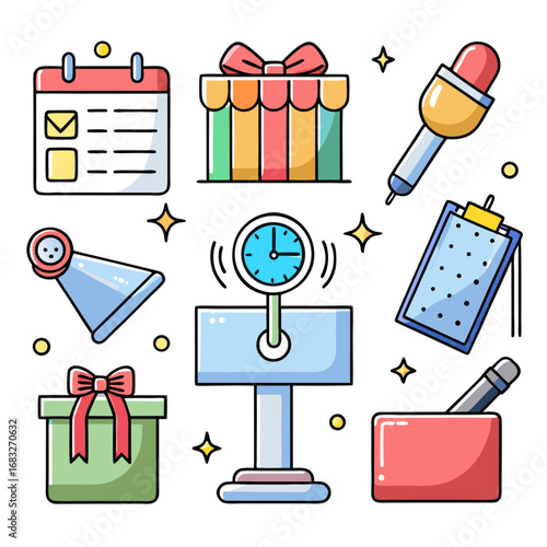 Planning related icons. Calendar with highlighted date, clock, invitation, ticket, conference (microphone), birthday (cake), scroll (guest list), finish flag, gift box.