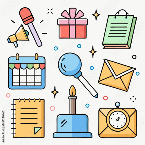 Planning related icons. Calendar with highlighted date, clock, invitation, ticket, conference (microphone), birthday (cake), scroll (guest list), finish flag, gift box.