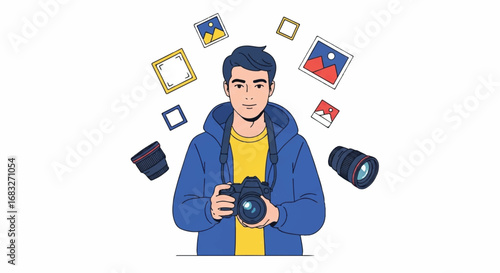 Illustration of a young male photographer holding a camera, surrounded by floating lenses and picture frames.