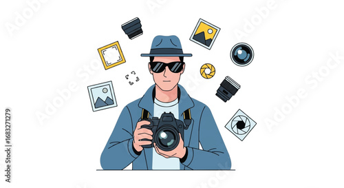 Illustration of a mysterious photographer in a hat and sunglasses holding a camera, surrounded by photography equipment icons.