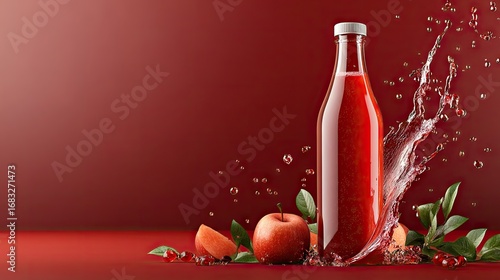 A clear glass bottle filled with vibrant red liquid, possibly juice, is the focus, with a splash of liquid dynamically around it.  Apples, pomegranate seeds, and leaves add a natural element 